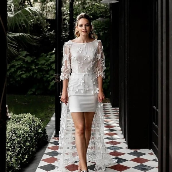 Elopement dress with trail, Short wedding dress, Mini bridal dress, Civil wedding robe, Customized bridal dress