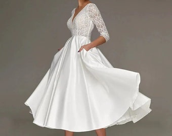 Weißes kurzes Hochzeitskleid mit Tasche,Elopement Kleid,Casual Brautkleid,Tea Länge Brautkleid