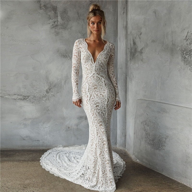 Lace Wedding Dress Long Sleeve Bridal Gown Mermaid Bridal - Etsy