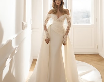 Off shoulder mermaid wedding gown,Detachable Bridal Overskirt,Luxury wedding dress,Elegant wedding robe