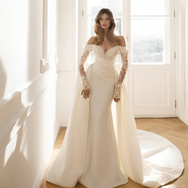 Robe de mariée sirène à épaules dénudées, surjupe de mariée amovible, robe de mariée de luxe, robe de mariée élégante
