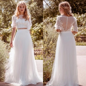 White bridal skirt, Boho beach wedding dress,Lace blouse,Bridal crop top
