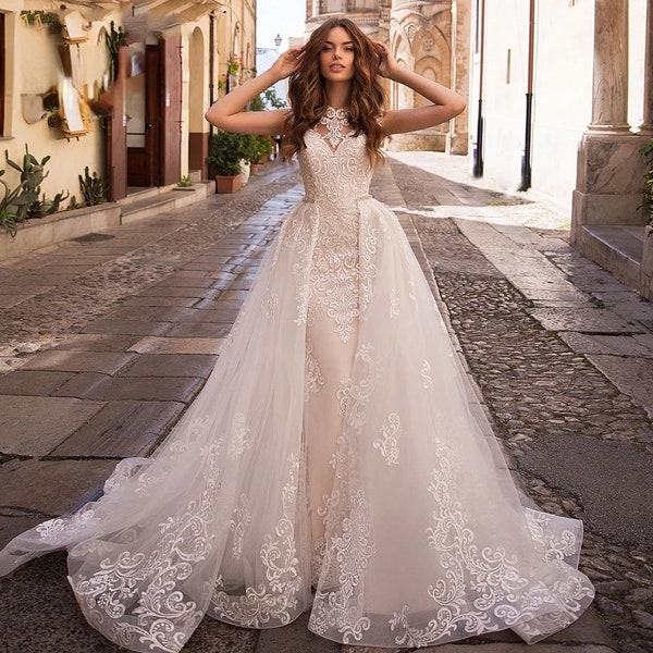 Detachable Wedding Tulle overskirt,Luxury wedding dress,Lace wedding gown