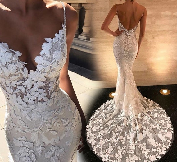 Mermaid wedding top dress spaghetti straps