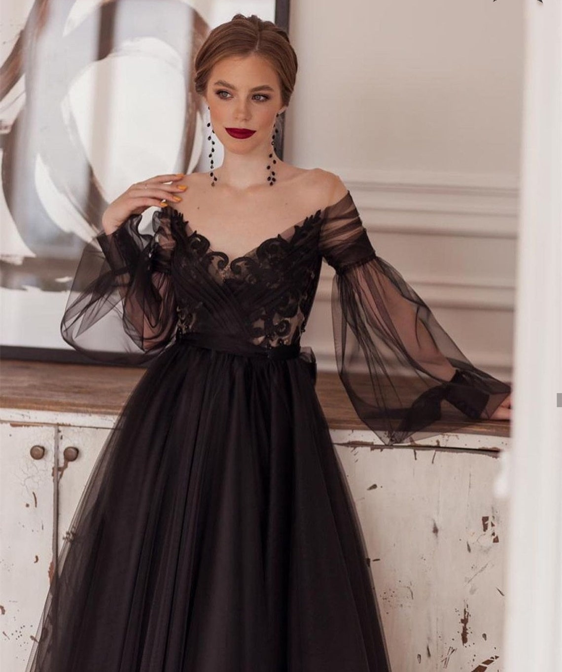 Gothic Black Wedding Dress Tulle Black Dress Long Sleeve - Etsy