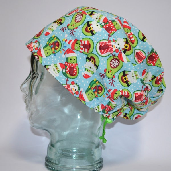 SATIN-LINED Euro style, adjustable scrub cap, avocado snowman, scrub cap for women