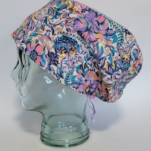 SATIN-LINED Euro style, adjustable scrub cap, pink floral, scrub cap for women