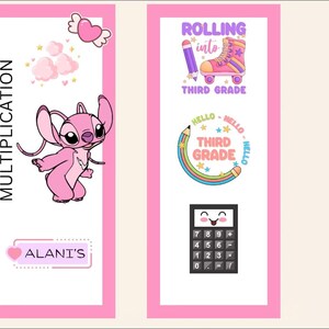 May include: Pink bookmarks with cartoon illustrations and text. One bookmark features a pink character with the word "MULTIPLICATION" and "ALANI'S". The other bookmark has "ROLLING into THIRD GRADE" and a calculator.