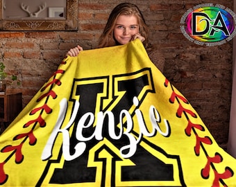 Softball Velveteen Minky Blanket, Softball Blanket Personalized, Softball Gift for Girls, Softball Flag, Custom Sports Gift, Team Gifts