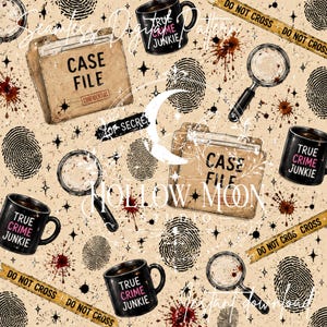 May include: A seamless digital pattern on a beige background featuring brown case file folders labeled CASE FILE, black mugs with the text TRUE CRIME JUNKIE, magnifying glasses, black fingerprints, yellow DO NOT CROSS tape, and dark red splatters.