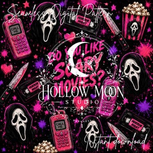 May include: A seamless digital pattern featuring horror-themed illustrations in pink, purple, and black. Elements include ghost-faced figures, pink mobile phones with CALL ME text, VHS tapes labeled HORROR NIGHT, knives, and popcorn buckets.