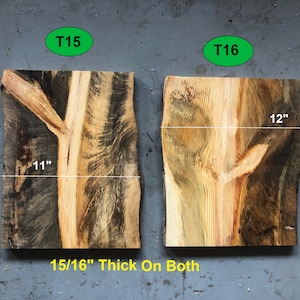 May include: Two pieces of wood with unique grain patterns, labeled T15 and T16. Both pieces are 15/16" thick and have different dimensions: T15 is 11" x 13" and T16 is 12" x 13".