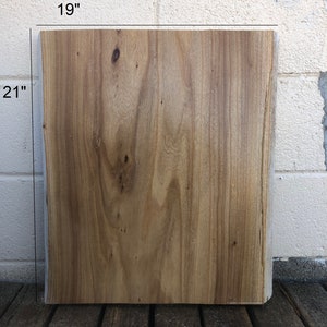 May include: A large, rectangular piece of wood with a natural wood grain finish. It measures 21 inches by 19 inches and is 1 3/4 inches thick. The wood has a light brown color with darker brown streaks. The wood is labeled "E5".