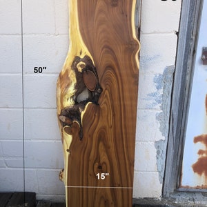 May include: A large, natural wood slab with a unique grain pattern. The slab is 50 inches long, 15 inches wide, and 2 3/8 inches thick. It is labeled "S9".