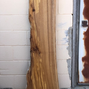 May include: A single, unfinished wooden slab with a natural edge. The wood grain features a mix of light and dark brown tones with some yellow hues. The slab is rectangular and stands vertically against a white brick wall.