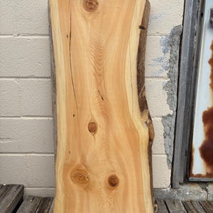 May include: A rectangular, unfinished wooden slab with a natural edge. The wood has a light brown color with darker knots and grain patterns. The slab is approximately 30 inches long and 12 inches wide, suitable for a variety of woodworking projects.
