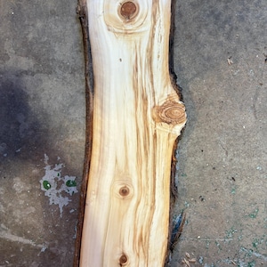 May include: A rectangular, unfinished wooden slab with a natural edge. The wood is light-colored with darker brown streaks and knots. The bark edge is dark brown. The slab is likely for woodworking or craft projects.