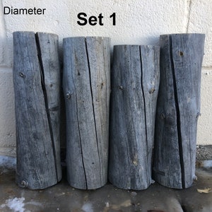 May include: Set of four gray wooden logs, each measuring 3 1/2 inches in diameter and 12 inches in length. The logs are arranged in a row, with the ends facing the viewer. The text "Set 1" is printed above the logs.