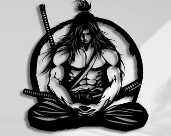 Samurai Metallwandkunst: Meditative Krieger Silhouette