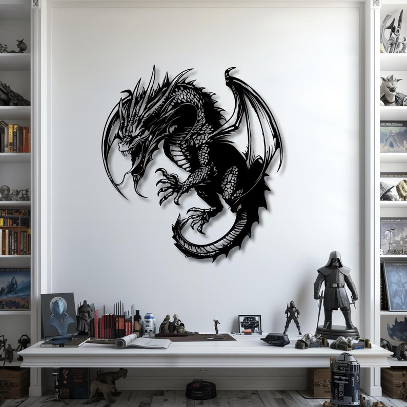 Dragon Metal Wall Art, Dragon Wall Decor, Mythical Dragon Home Decoration, Fantasy Dragon Silhouette Wall Hanging