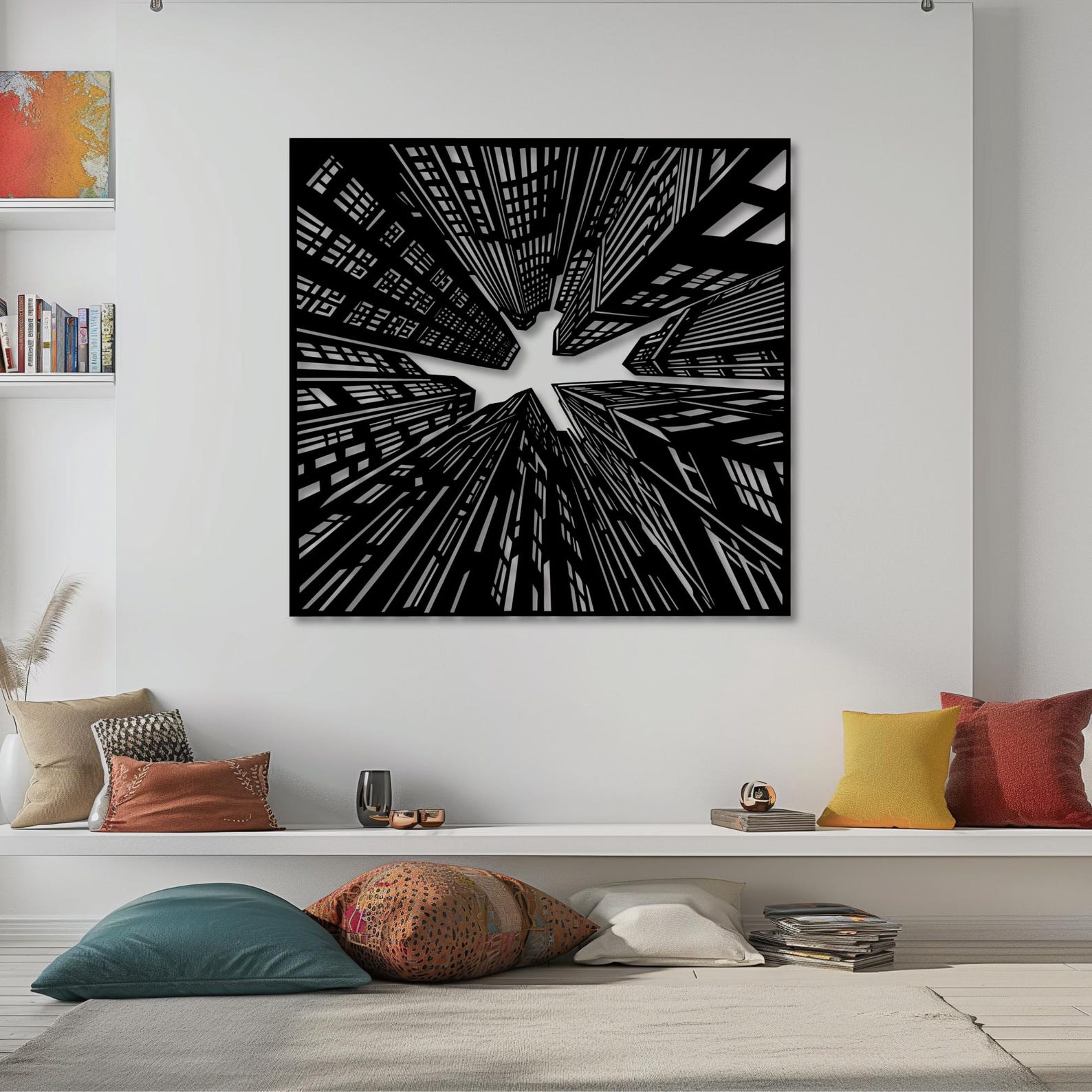 Modern City Skyline Metal Wall Art Decor, Urban Skyscraper Perspective ...