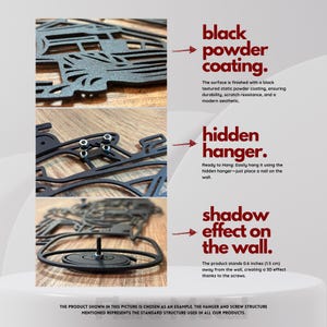 K&ouml;nnte beinhalten: Schwarze Wandkunst aus Metall mit einem versteckten Haken und einem Schatteneffekt an der Wand. Die Oberfl&auml;che ist mit einer schwarzen, strukturierten Pulverbeschichtung versehen. Das Produkt steht 1,5 cm von der Wand ab und erzeugt so einen 3D-Effekt durch die Schrauben.