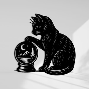 Mystical Black Cat Metal Wall Art: Moonlit Crystal Ball Decor