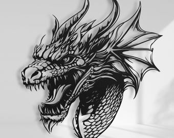 Fierce Dragon Metallwandkunst | Drachenkopf Wanddekor | Mythischer Drache Dekoration | Fantasy Dragon Wandbehang