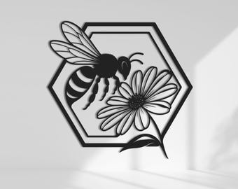 Decorazione murale in metallo con api e fiori: decorazione da giardino esagonale rustica