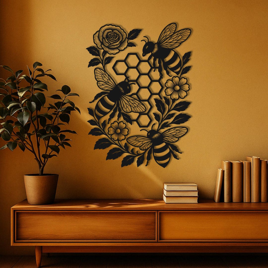 kitchen wall art | bee art print | honey bee decor |... Honey Bee Metal Wall Art | Floral Hexagon Beehive Decor | Nature ...