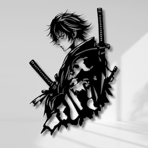 Arte de pared de metal con espadachín de anime: silueta de samurái japonés