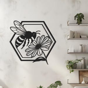 Bee and Flower Metal Wall Art: Rustic Hexagon Garden Decor
