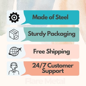 K&ouml;nnte beinhalten: Vier farbige Sprechblasen mit Symbolen und Text. Die erste Blase ist blaugr&uuml;n mit einem Zahnradsymbol und dem Text "Made of Steel". Die zweite Blase ist blaugr&uuml;n mit einem Kistensymbol und dem Text "Sturdy Packaging". Die dritte Blase ist pfirsichfarben mit einem Globussymbol und dem Text "Free Shipping". Die vierte Blase ist pfirsichfarben mit einem Telefonsymbol und dem Text "24/7 Customer Support".