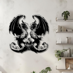 Dragon Wall Art, Dual Dragon Metal Decor, Gothic Fantasy Dragon Wall Hanging, Mythical Creature Home Sculpture