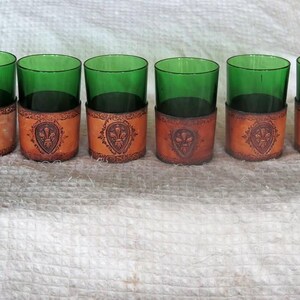 1970s Green Glass Tumblers w/ Tooled Leather Holders Set of 6 Vintage Barware Western Rustic Drink Glasses