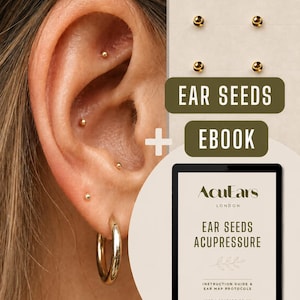 May include: A set of small gold-coloured spherical ear seeds applied to the ear, accompanied by a digital tablet displaying the text AcuEars LONDON EAR SEEDS ACUPRESSURE INSTRUCTION GUIDE & EAR MAP PROTOCOLS INFO@ACUEARS.CO.UK and a plus sign.