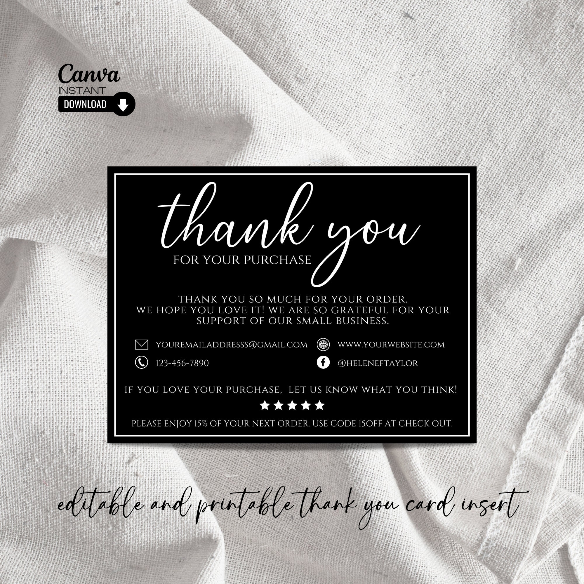 Printable Thank You Card Template, Editable Thank You Card Insert ...