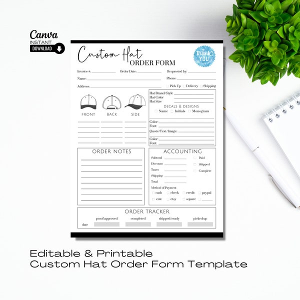 Editable Hat Order Form, Printable Order Form, Hat Order Form Template, Cap Order Form, Custom Order Form, Hat Business Order Form