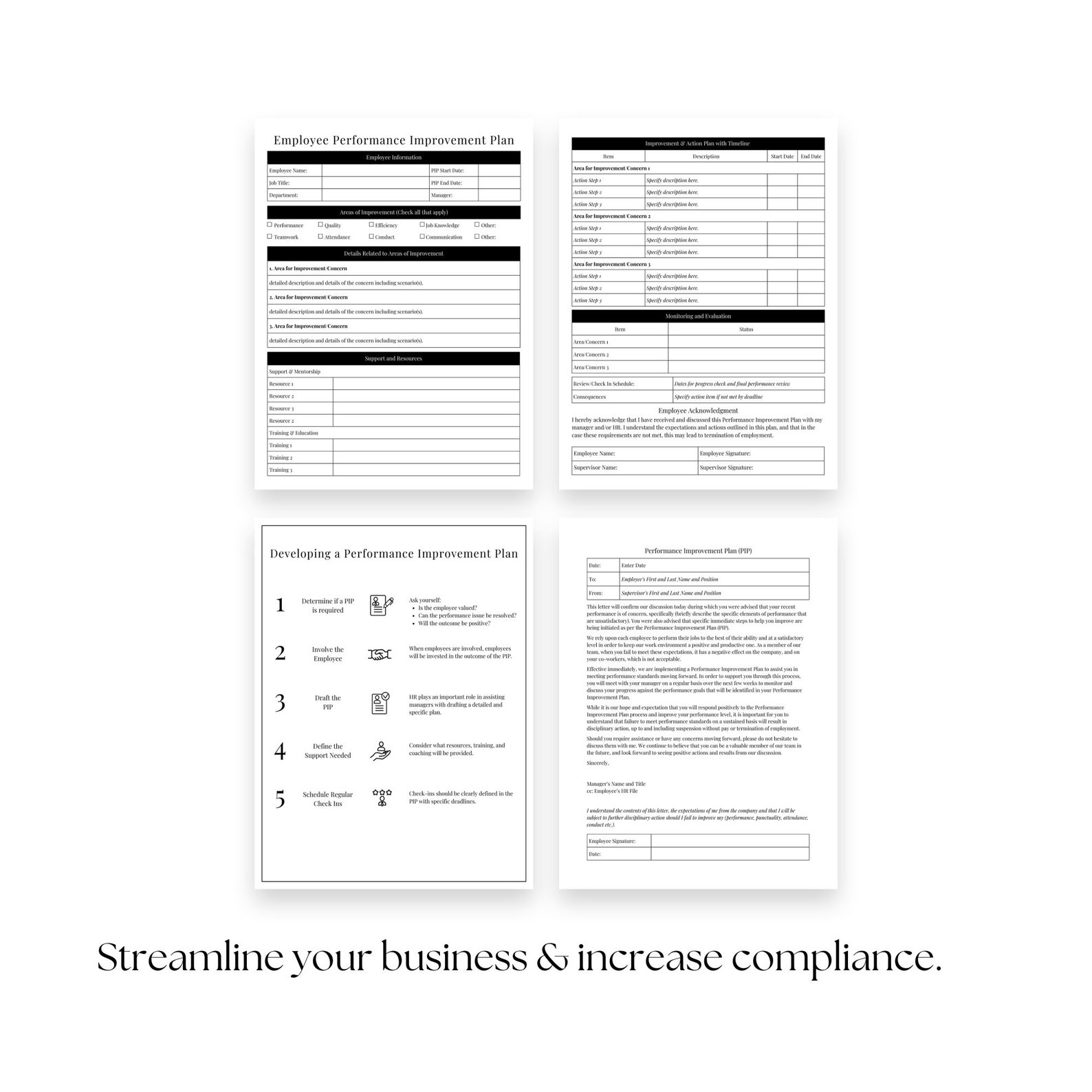 Editable Performance Improvement Plan Template, Printable Employee Performance, PIP Form, HR