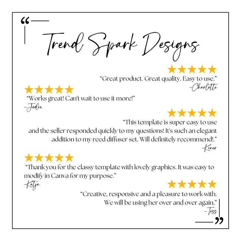 May include: A screenshot of customer reviews for Trend Spark Designs. The reviews are positive and highlight the quality, ease of use, and responsiveness of the seller. The reviews include quotes from customers such as "Great product. Great quality. Easy to use." and "This template is super easy to use and the seller responded quickly to my questions!"
