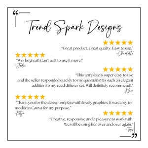 May include: A screenshot of five customer reviews for Trend Spark Designs. The reviews are all positive and highlight the quality of the products and the seller's responsiveness. The reviews include quotes like "Great product. Great quality. Easy to use." and "This template is super easy to use and the seller responded quickly to my questions! It's such an elegant addition to my reed diffuser set. Will definitely recommend!."