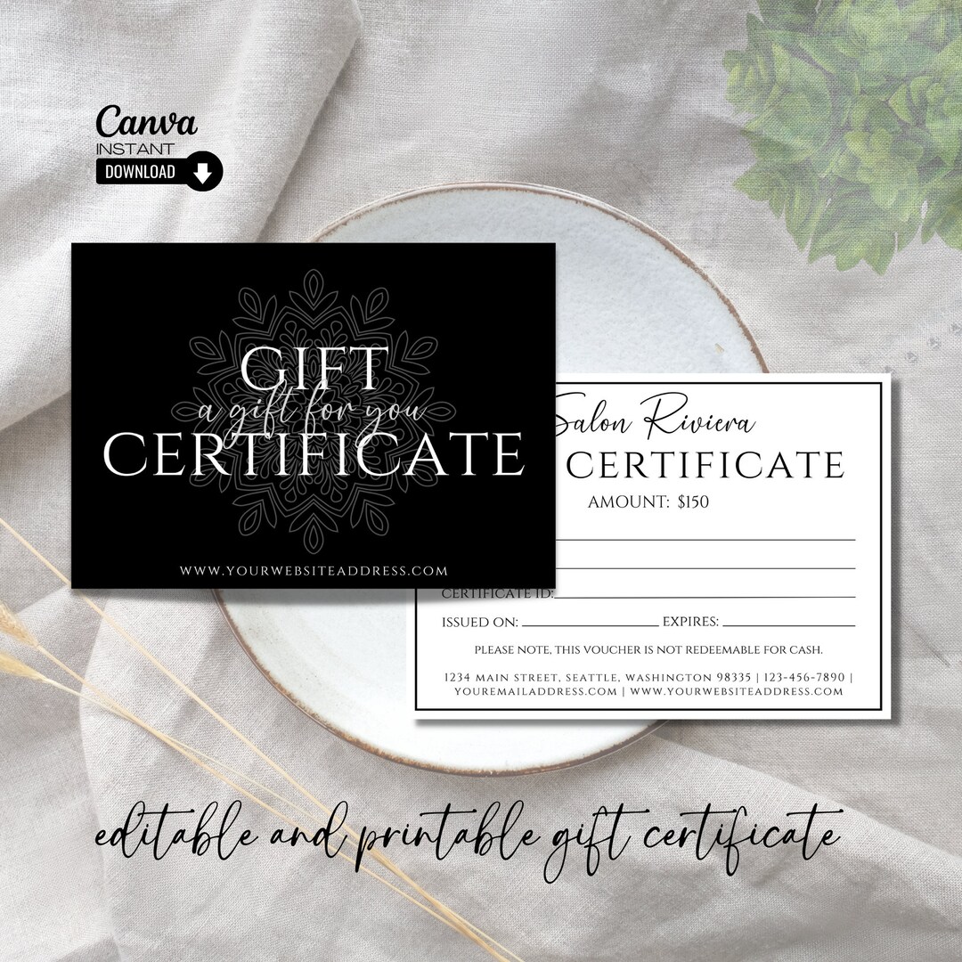 Modern Gift Certificate Template Printable, Editable Gift Card Template