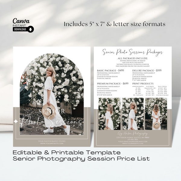 Senior Photography Pricing List, Editable High School Senior Pricing Guide Sheet Template, Senior Photography Price Guide, Canva Template