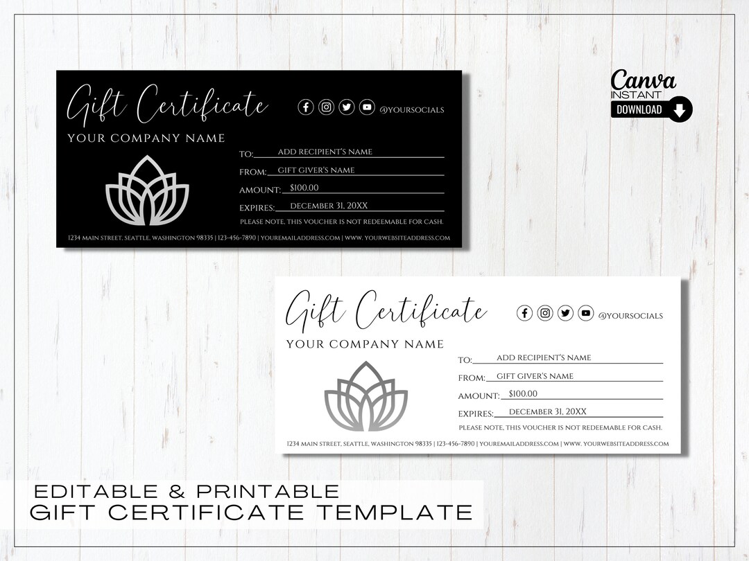Modern Gift Certificate Template Printable Editable Gift Card Etsy