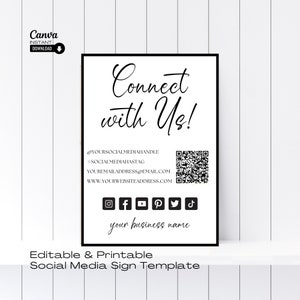 Editable Social Media Sign Template, Editable QR Code Scan Sign, Printable Follow Us Sign, Small Business Sign, Connect With Us Sign