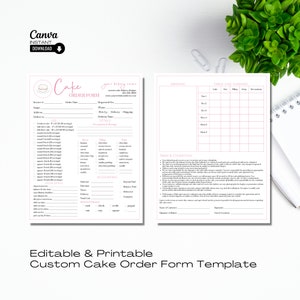 Könnte beinhalten: Druckbare Vorlage für ein individuelles Kuchenbestellformular mit rosa Akzenten. Das Formular enthält Abschnitte für Kundeninformationen, Kuchengröße, Geschmack, Füllung, Frosting und Buchungsdetails. Es enthält auch einen Abschnitt für die Allgemeinen Geschäftsbedingungen.