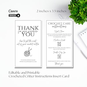 Cartões de instruções de cuidados para impressão para itens de tricô e crochê feitos à mão, cartão de cuidados para bichos de pelúcia de crochê editável, bicho de crochê