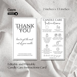 Instrucciones de velas, instrucciones de cuidado de velas imprimibles, tarjeta de cuidado editable, inserto de instrucciones de cuidado de velas, plantilla de tarjeta de seguridad de velas