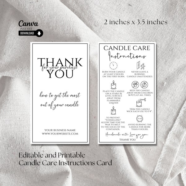 Candle Instructions, Printable Candle Care Instructions, Editable Care Card, Candle Care Instruction Insert, Candle Safety Card Template