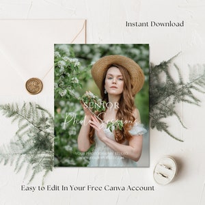 May include: A white card with the text "SENIOR Photo Sessions" in a cursive font. The card features a photo of a woman wearing a straw hat and a white dress, standing in a garden with blooming flowers. The text "YOUR PHOTOGRAPHY STUDIO WWW.YOURWEBSITE.COM" is at the bottom of the card.